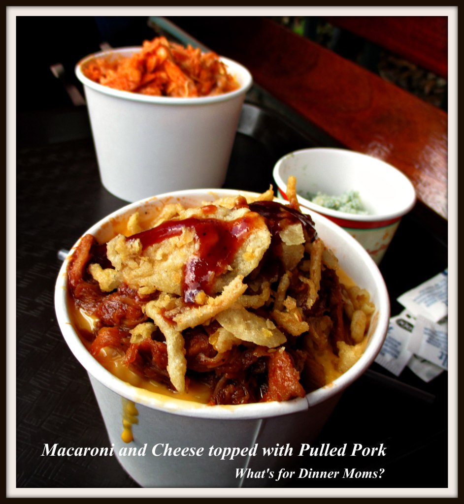 Macaroni and Cheese topped with Pulled Pork