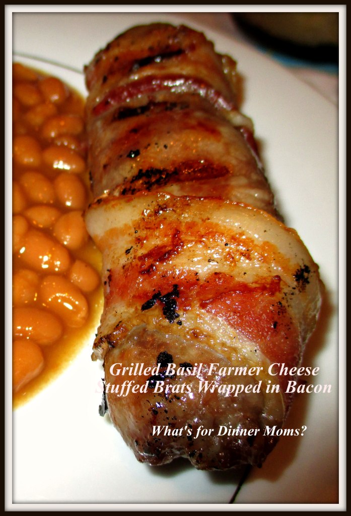 Grilled Basil Farmer Cheese Stuffed Brats Wrapped in Bacon